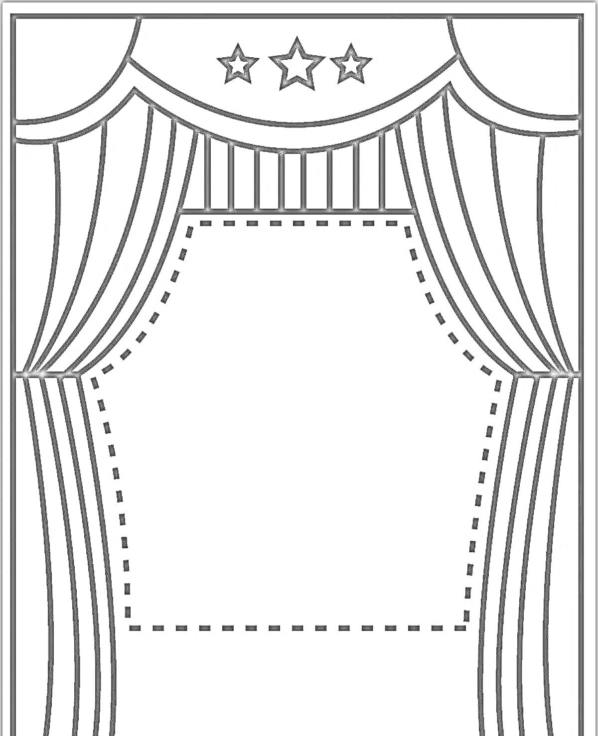 Раскраска Театральная сцена с занавесом и тремя звездами