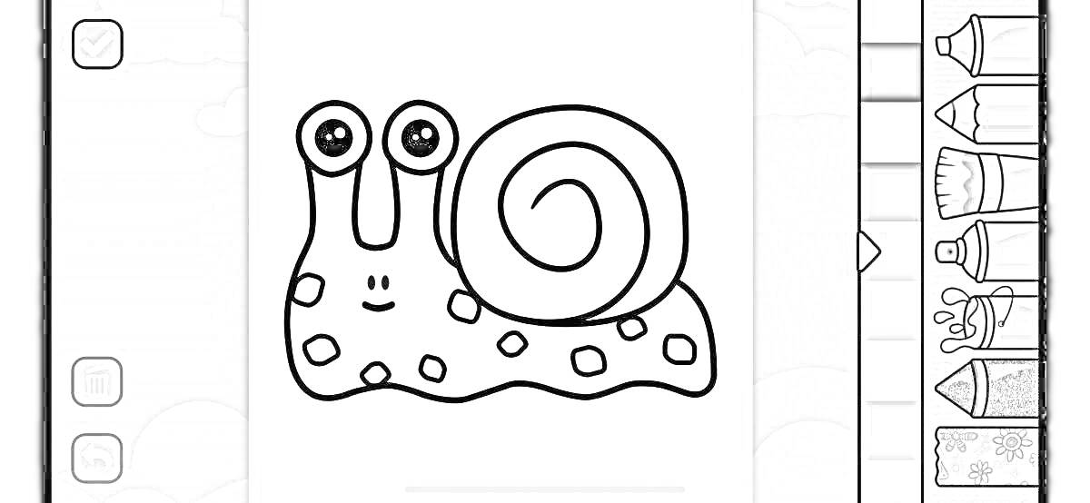 На раскраске изображено: Улитка, Спираль, Глаза, Палитра, Ластик, Инструмент