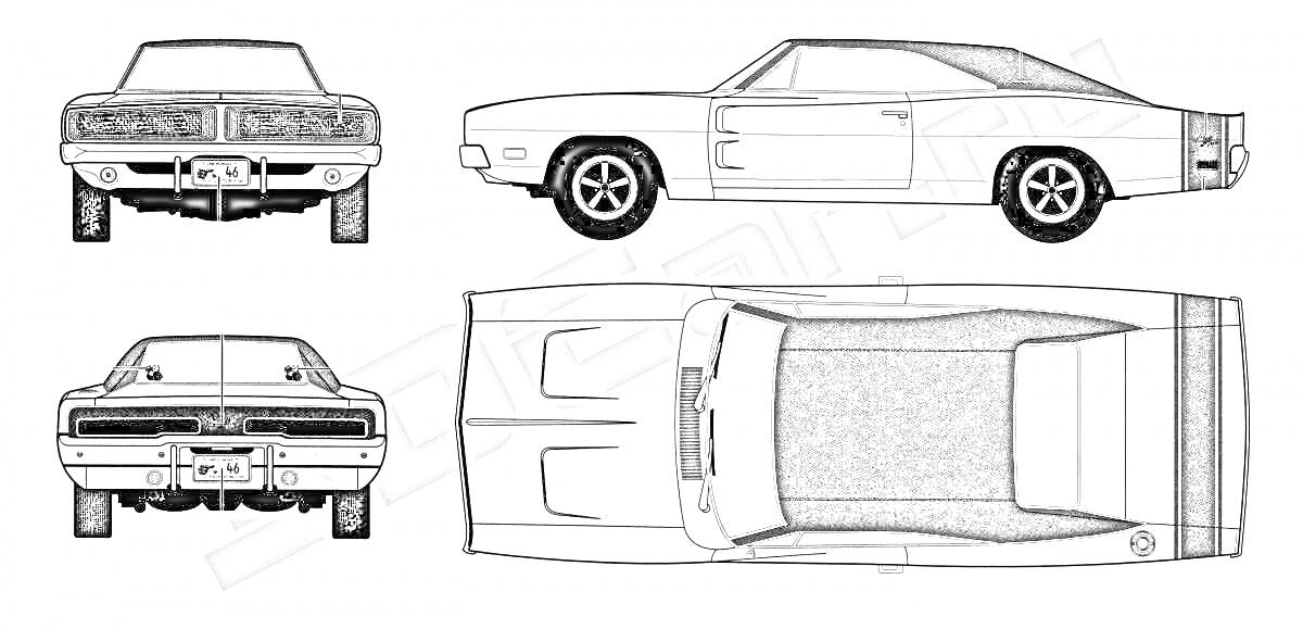 Раскраска Четырехракурсный рисунок автомобиля Dodge Charger 1970 года