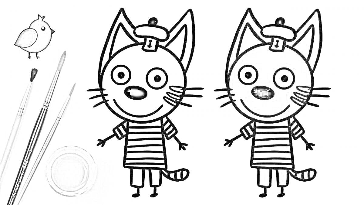 На раскраске изображено: Три кота, Кисточки, Детское творчество