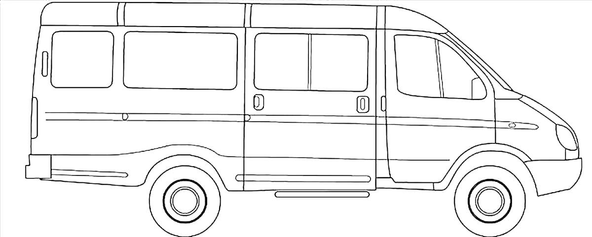 На раскраске изображено: Газель, Микроавтобус, Колеса, Окна, Транспорт, Дверь, Контурные рисунки