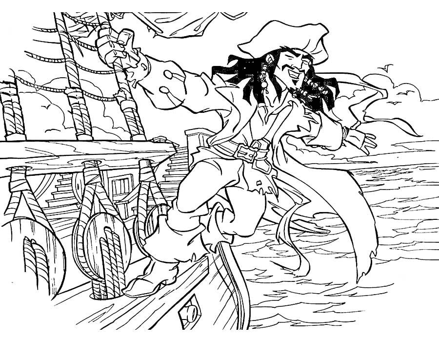 Раскраска Пират на борту корабля с кинжалом в руке и плывущими облаками