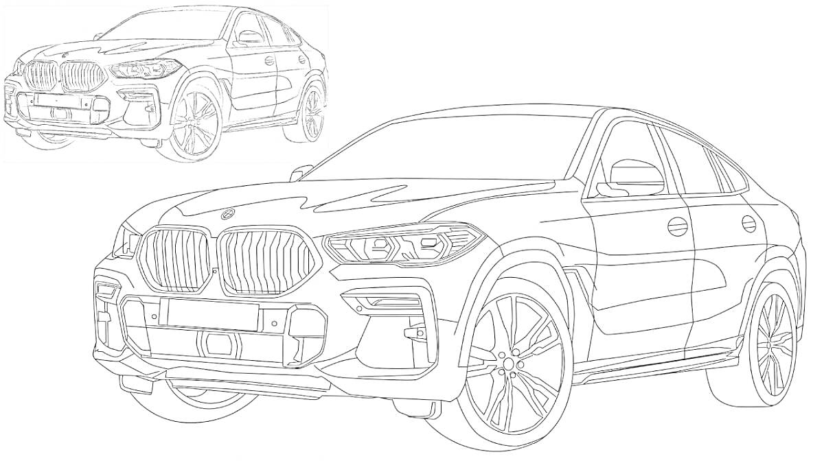 Раскраска BMW X6 - линийный рисунок SUV с четкими деталями передней и боковой частей, вид спереди, слегка повернутый в сторону.