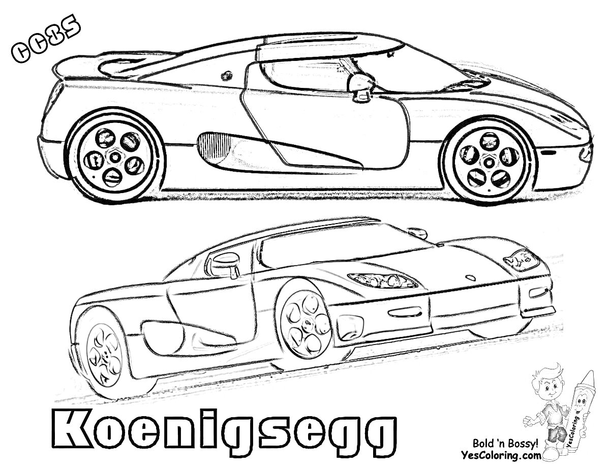 Раскраска Два автомобиля марки Koenigsegg модели CC85 с фигурой мальчика внизу справа