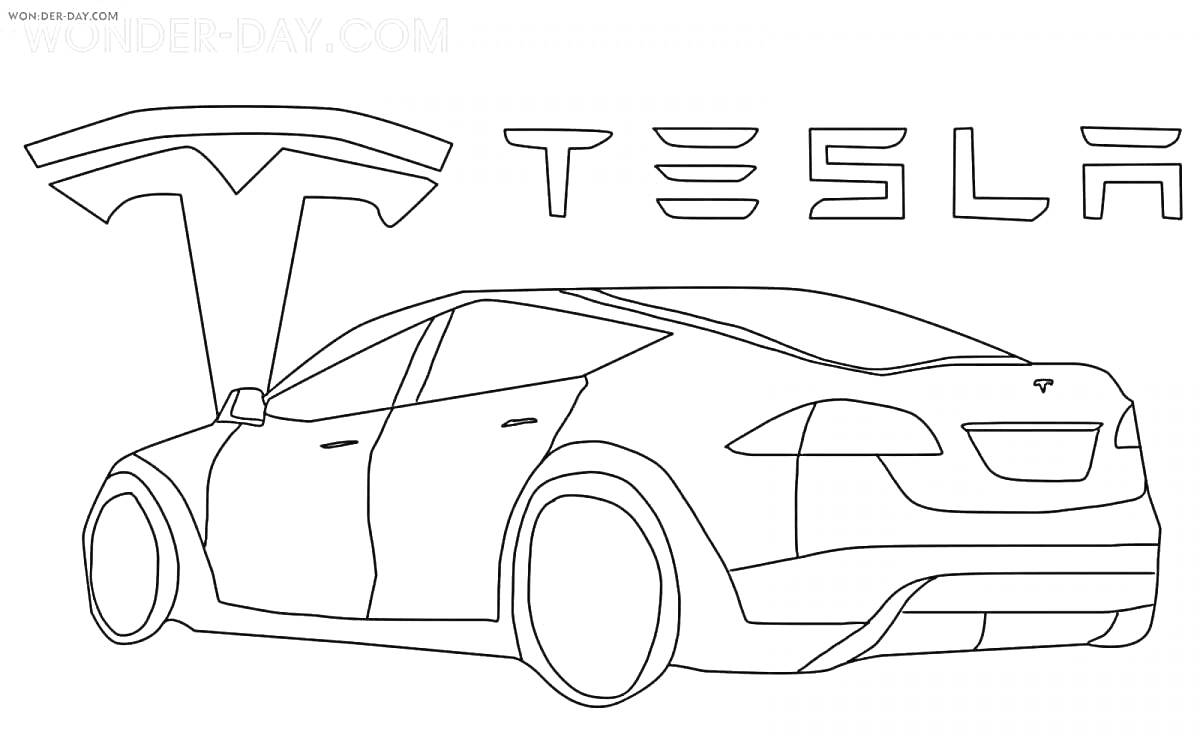 Раскраска Tesla Model X вид сзади, логотип Tesla, надпись TESLA