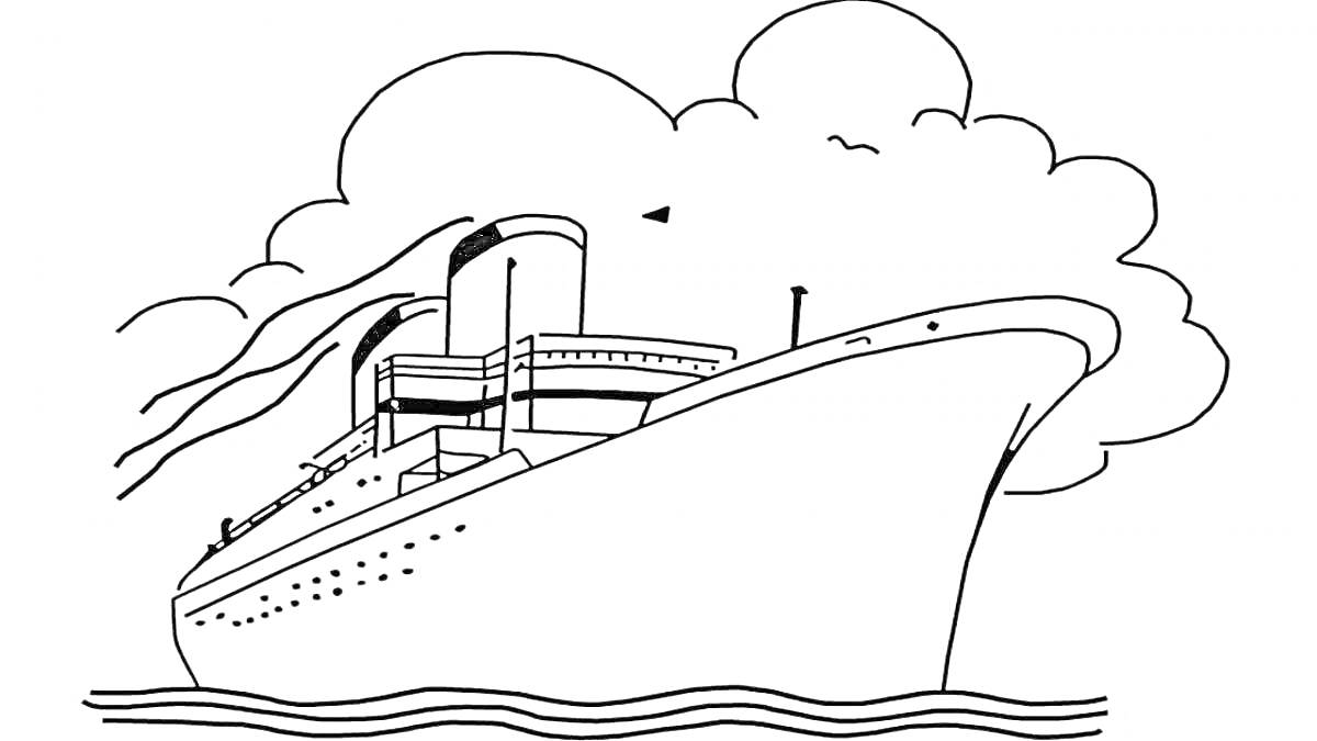 На раскраске изображено: Ледокол, Корабль, Море, Иллюминаторы, Облака, Птица