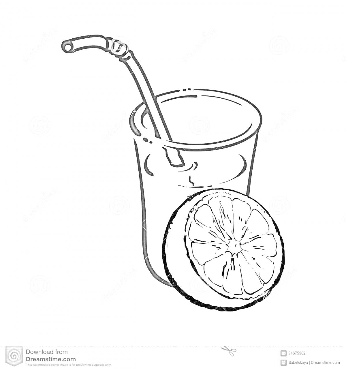 Раскраска Стакан с апельсиновым соком и соломинкой, половинка апельсина рядом