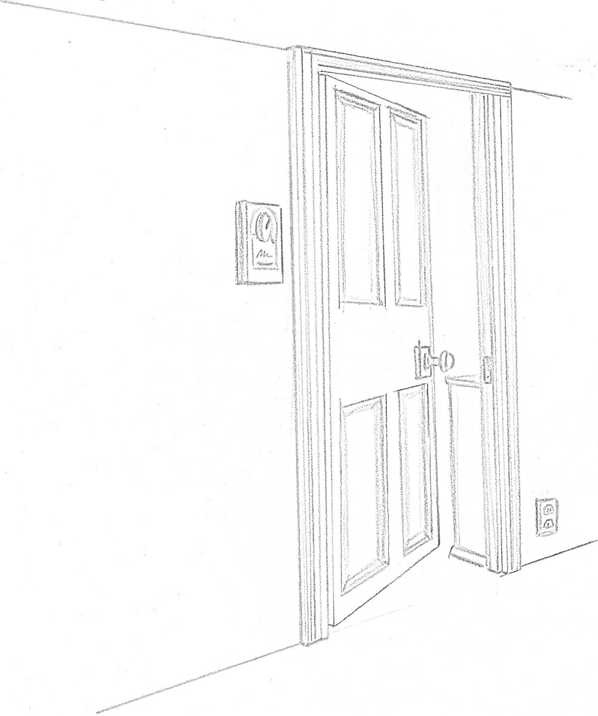На раскраске изображено: Дверь, Открытая дверь, Интерьер, Знак, Стенка
