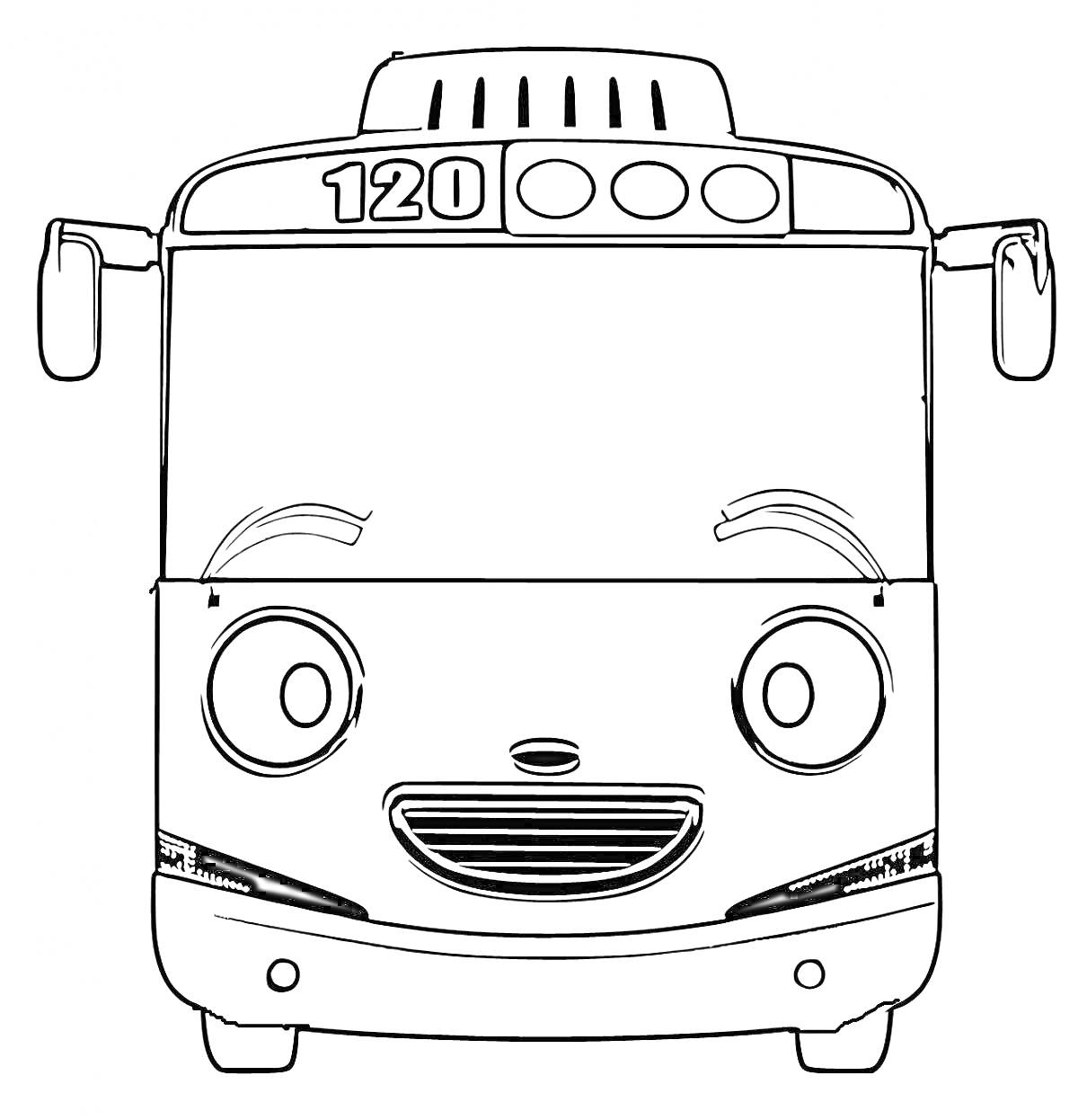 На раскраске изображено: Автобус, Тайо, Номер 120, Фары, Детский транспорт