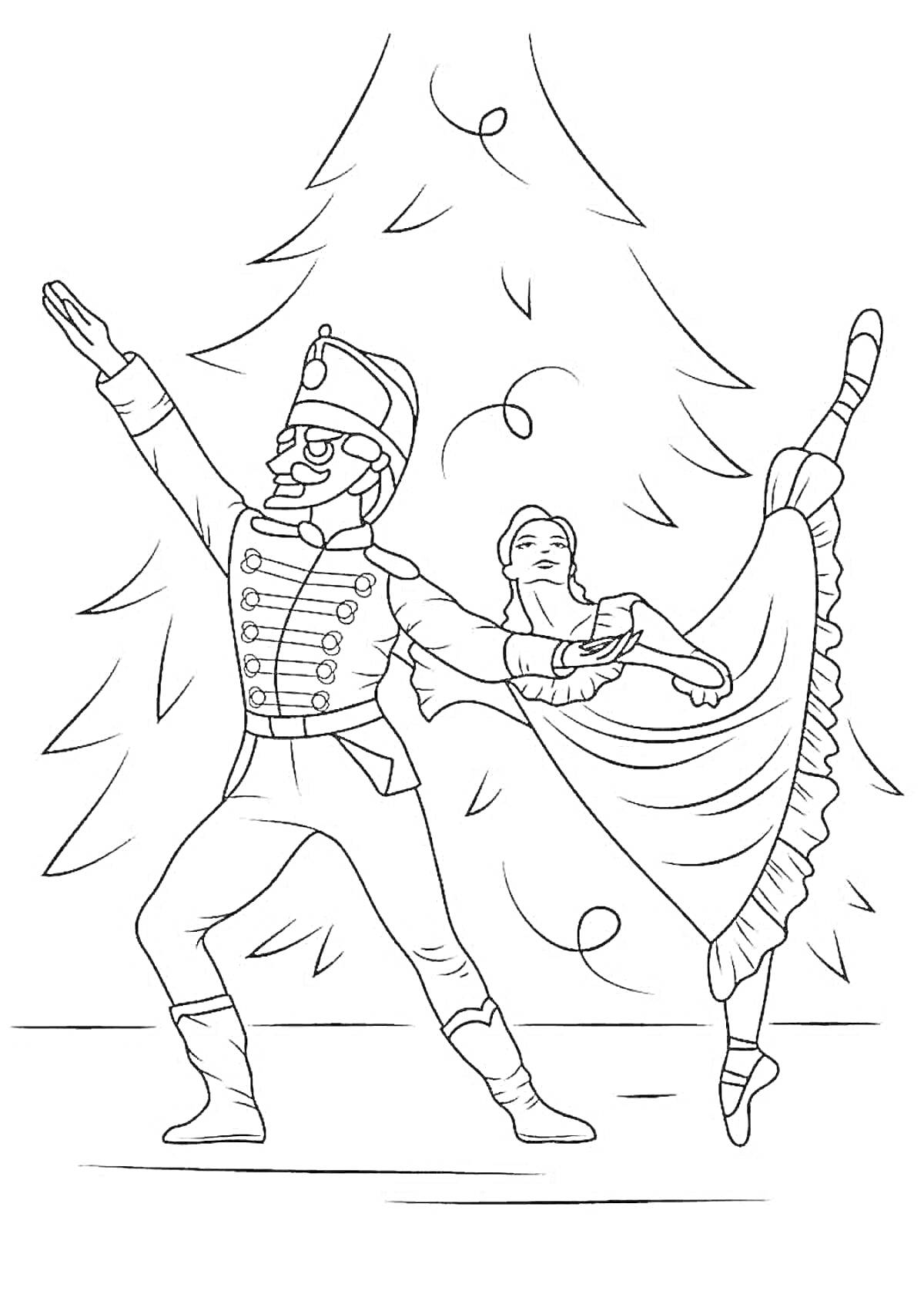 На раскраске изображено: Солдат, Балерина, Новогодняя елка, Танец, Балет, Щелкунчик
