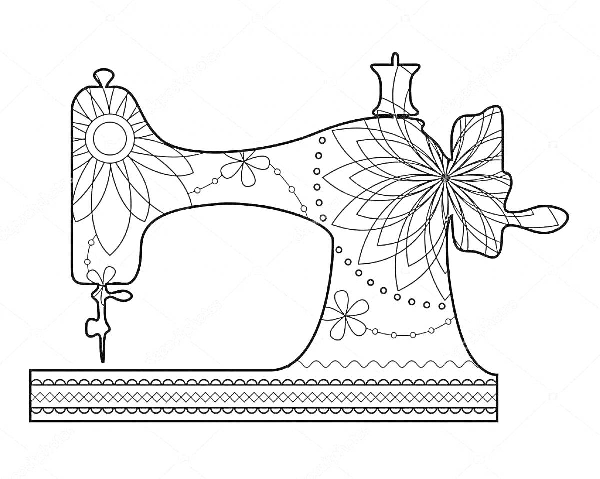 Раскраска Швейная машинка с цветочным орнаментом и узорами