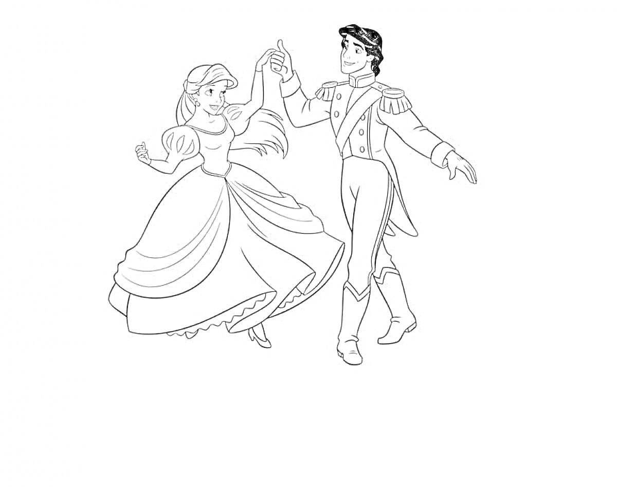 На раскраске изображено: Ариэль, Принц Эрик, Танец, Принцесса, Принц, Классический стиль