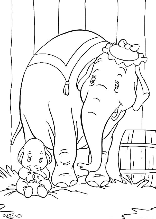 Раскраска Мама-слониха и слоненок Дамбо на фоне столбов и бочки