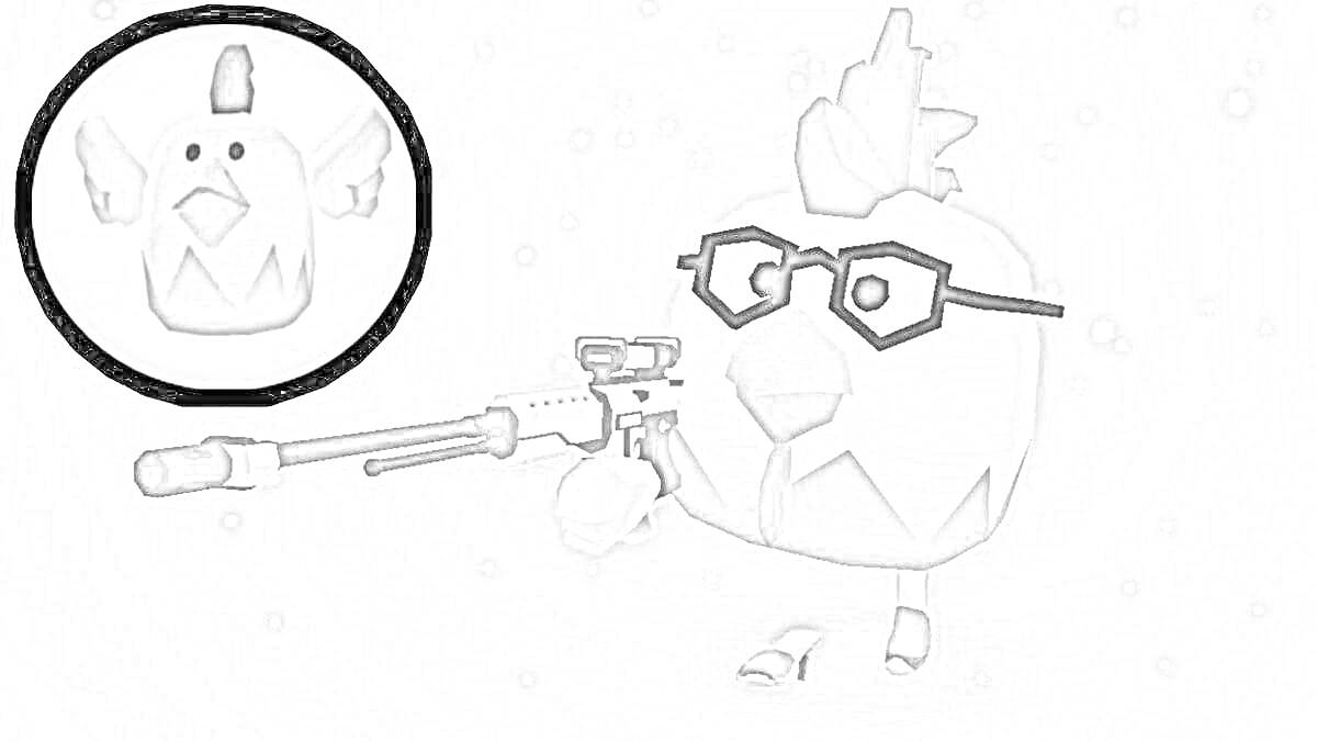 Раскраска Курица с оружием и очками, изображение игрушечной курицы с поднятыми крыльями