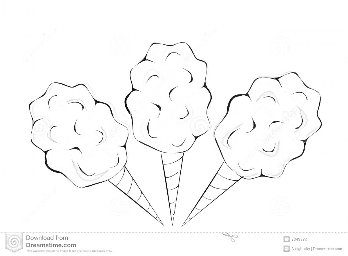 Раскраска Три порции сладкой ваты в конусах