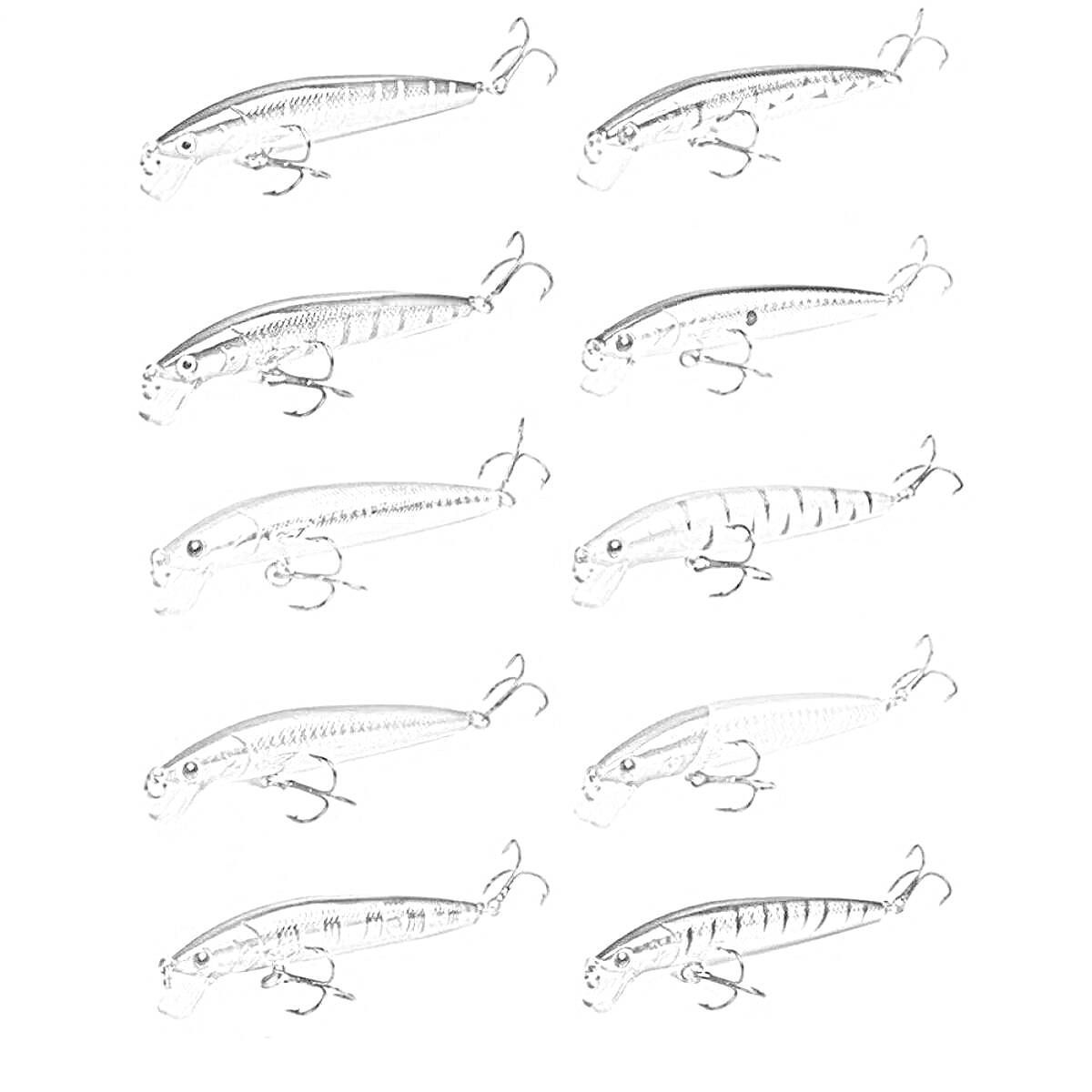 Раскраска Набор рыбаков: десять черно-белых воблеров с двумя тройными крючками
