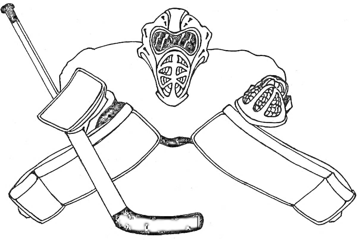Вратарь хоккея в маске и экипировке с клюшкой