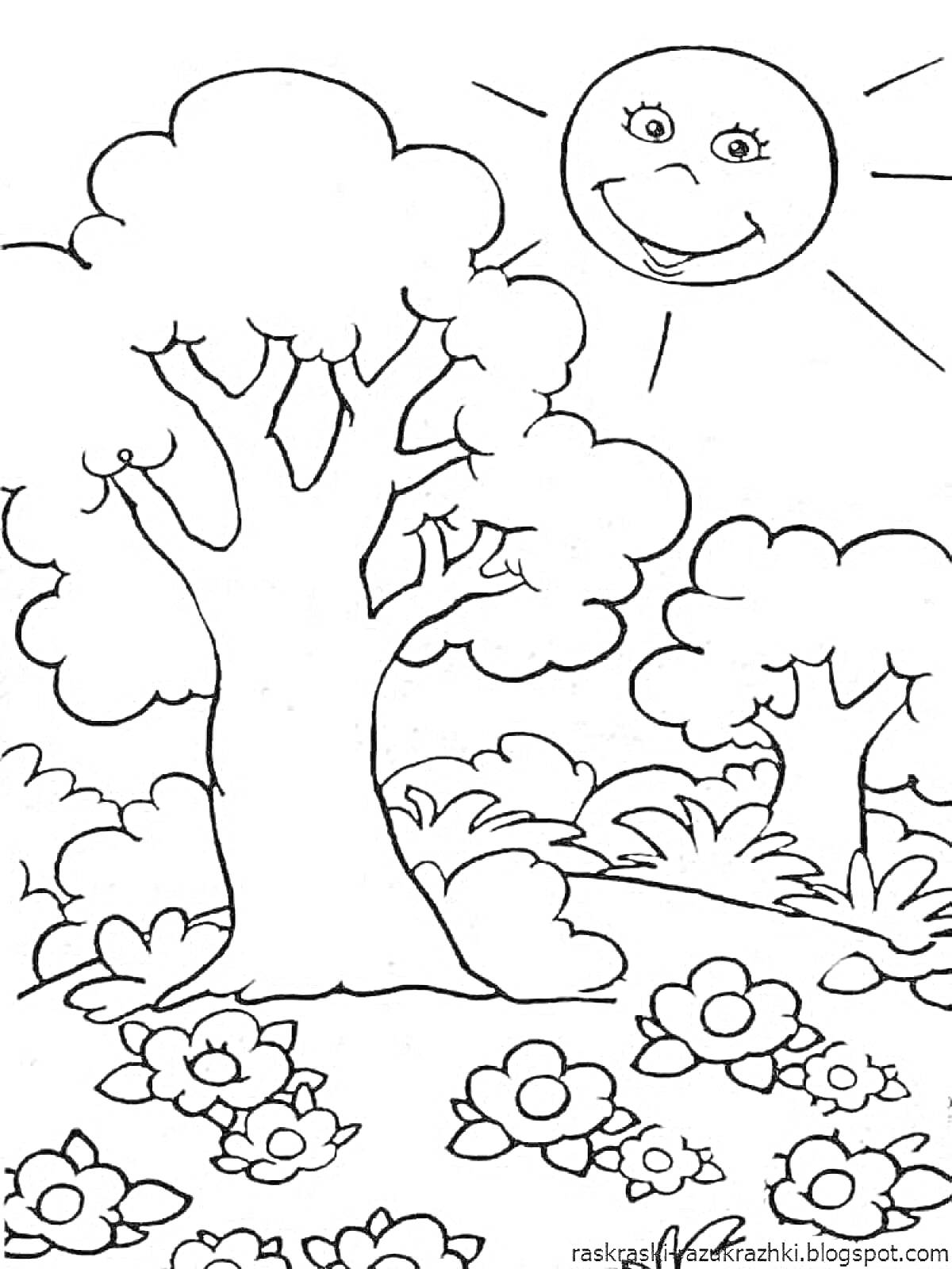 На раскраске изображено: Природа, Деревья, Кусты, Цветы, Солнце, Для детей, Пейзаж, Улыбающееся солнце, Лес, Луг