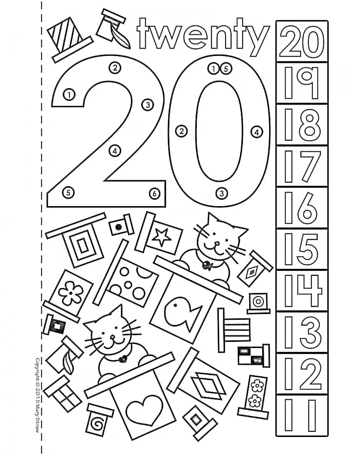 Раскраска 20 с котятами, мелкими флажками и числовой шкалой от 1 до 20