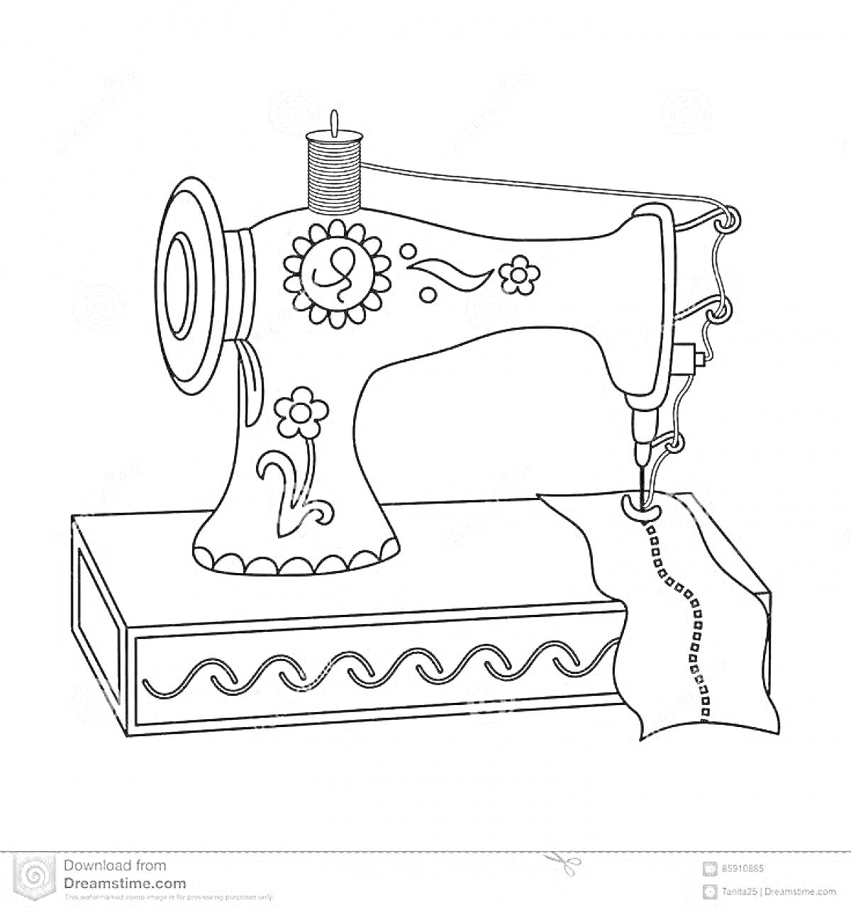 На раскраске изображено: Швейная машинка, Ткань, Узоры, Цветы, Шитье, Рукоделие, Творчество