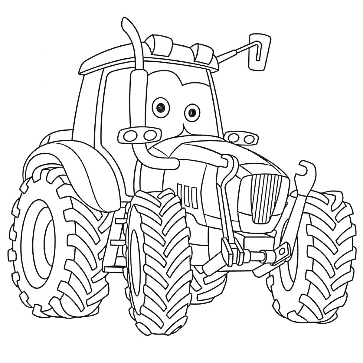 На раскраске изображено: Трактор, Гоша, Синий трактор, Большие колеса, Зеркало заднего вида, Сельскохозяйственная техника