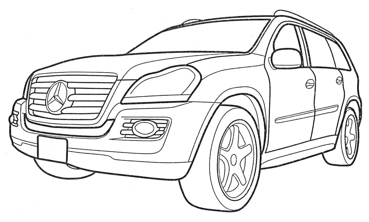 На раскраске изображено: Mercedes-Benz, SUV, Транспорт, Колёса, Фары