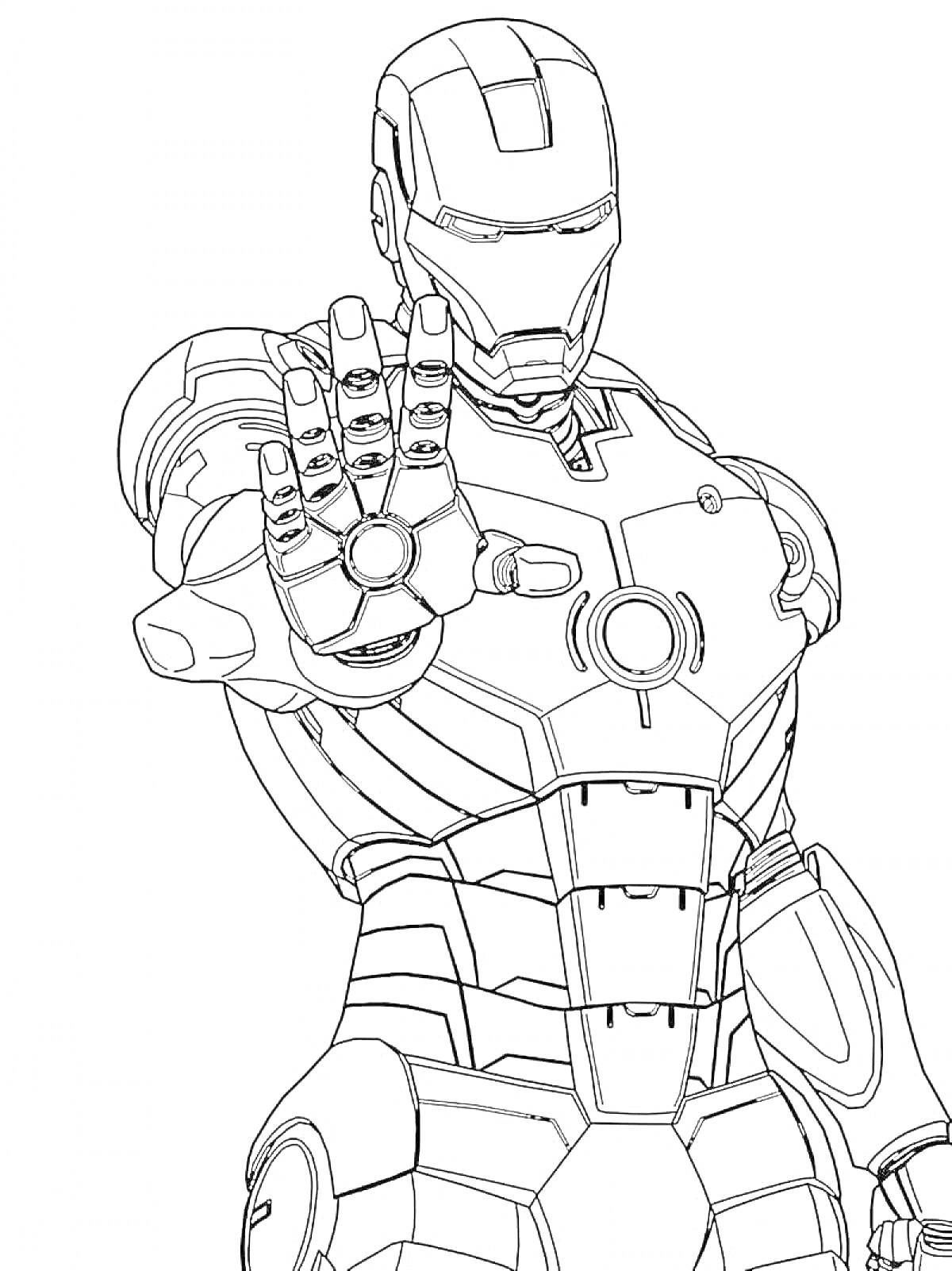 На раскраске изображено: Железный Человек, Марвел, Броня, Рука, Боевой костюм