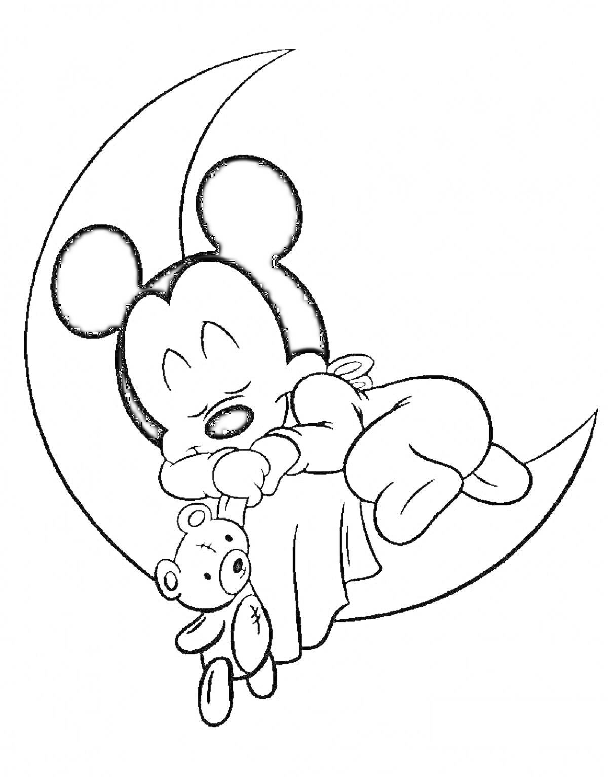 Раскраска Спящий мультяшный персонаж на луне с плюшевым мишкой