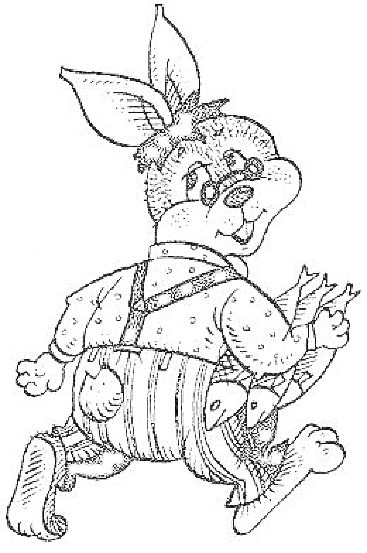 На раскраске изображено: Братец кролик, Кролик, Одежда, Подтяжки, Штаны, Иллюстрация