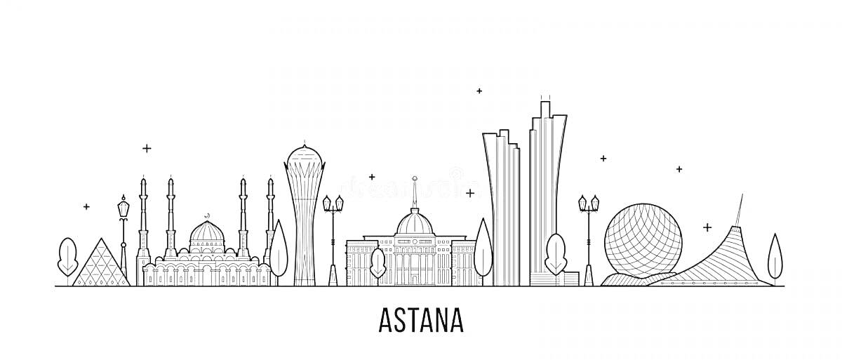 Раскраска Линия горизонта Астаны с достопримечательностями, включая пирамиду, мечеть, башню Байтерек, современное здание, дворец и купольную конструкцию