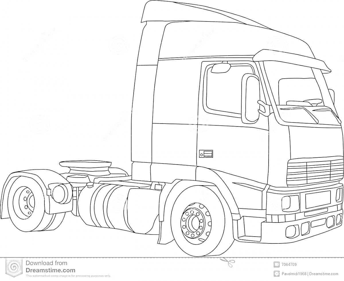 На раскраске изображено: Камаз, Транспорт, Большой грузовик, Колёса, Топливный бак, Кузов