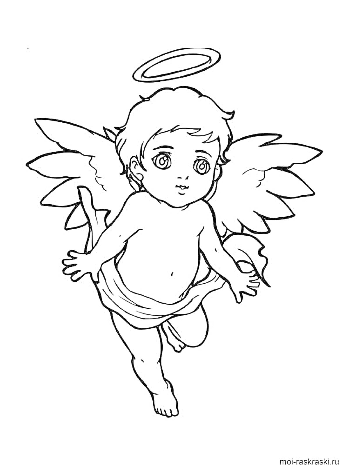 Раскраска Ангел с нимбом, крыльями и в плаще