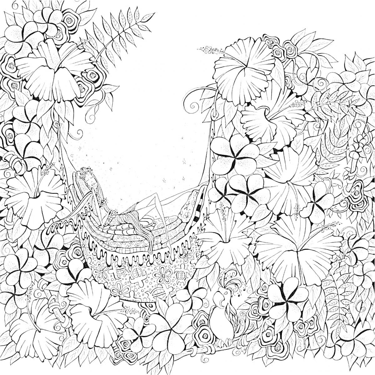 На раскраске изображено: Ветер, Цветы, Гамак, Листья, Узоры, Лепестки, Природа, Контурное изображение, Девочка