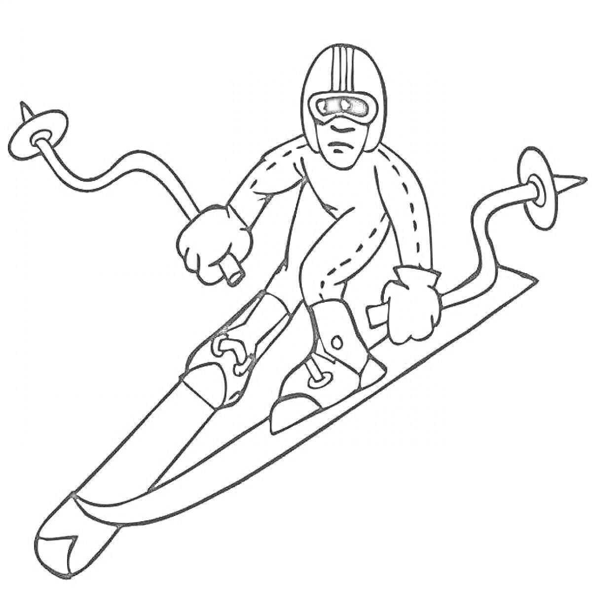 На раскраске изображено: Спуск, Зимние виды спорта, Лыжи, Палки, Защитные очки, Трасса, Динамика, Шлемы