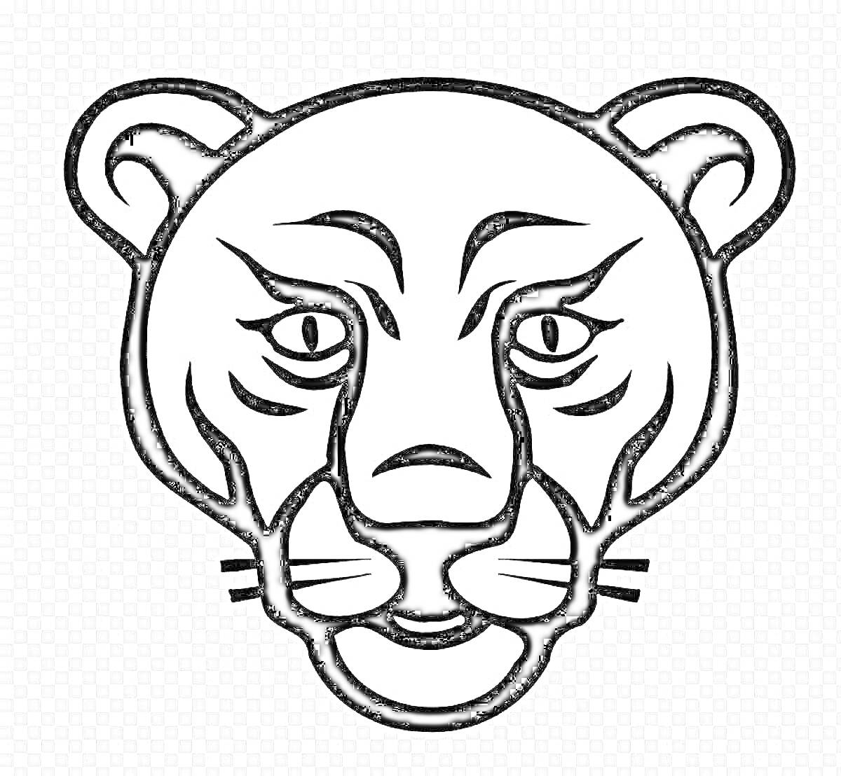Раскраска Голова льва с контурными узорами и деталями морды