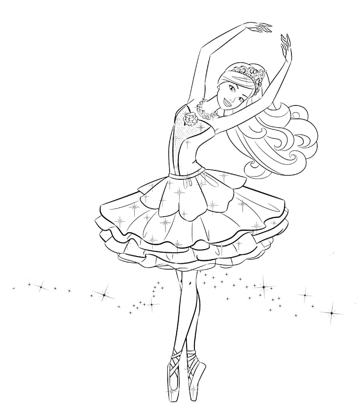 Раскраска Балерина с длинными волосами и короной в воздушной позе с сияющими звездами