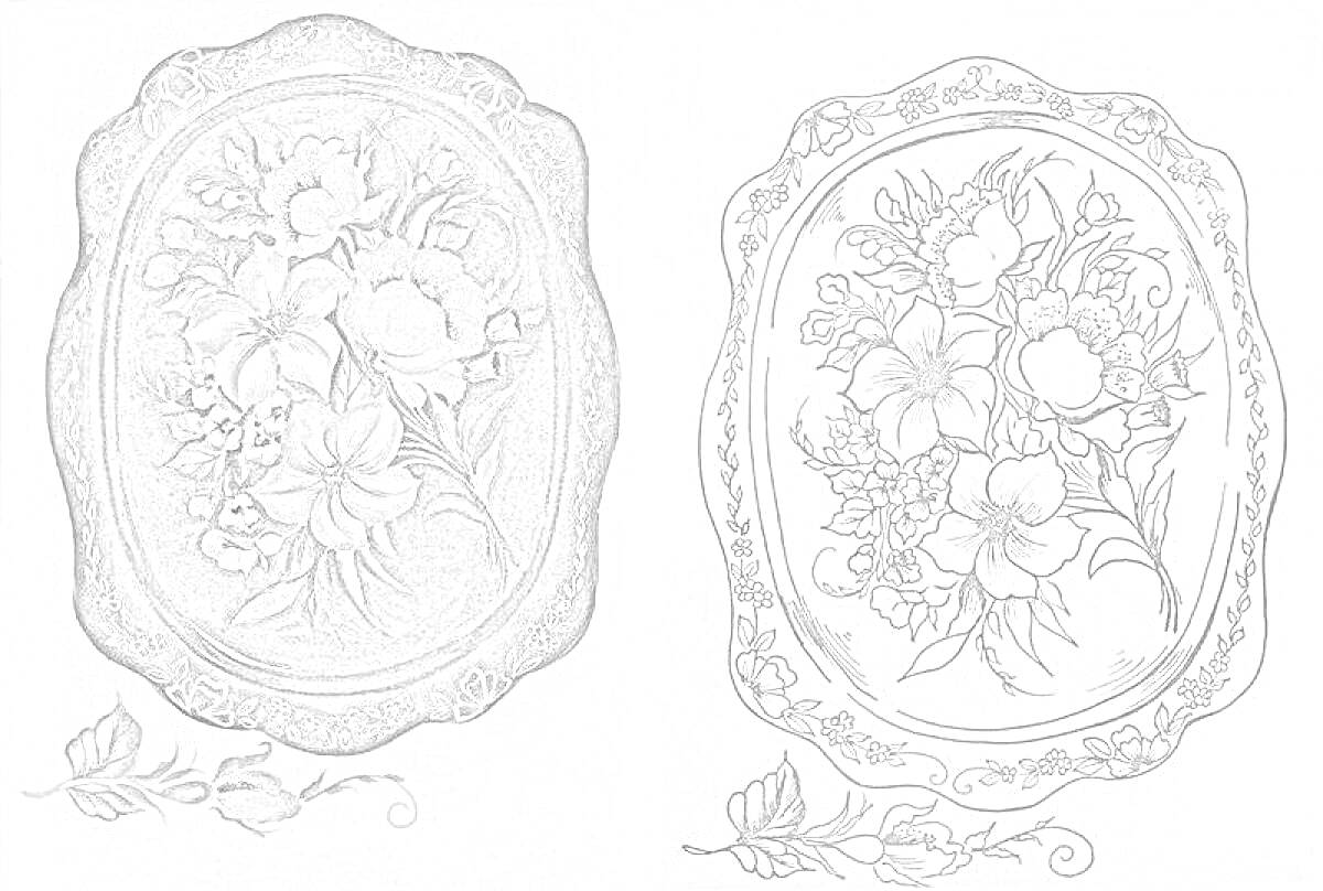 На раскраске изображено: Жостовский поднос, Цветы, Розы, Узоры, Листья
