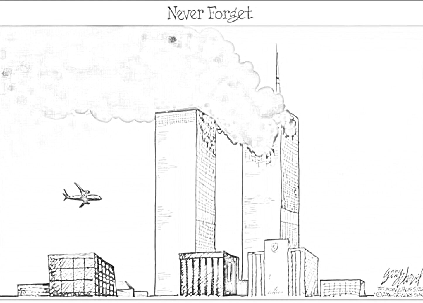 На раскраске изображено: Дым, Нью-Йорк, Память, Трагедия, Разрушения, Самолеты