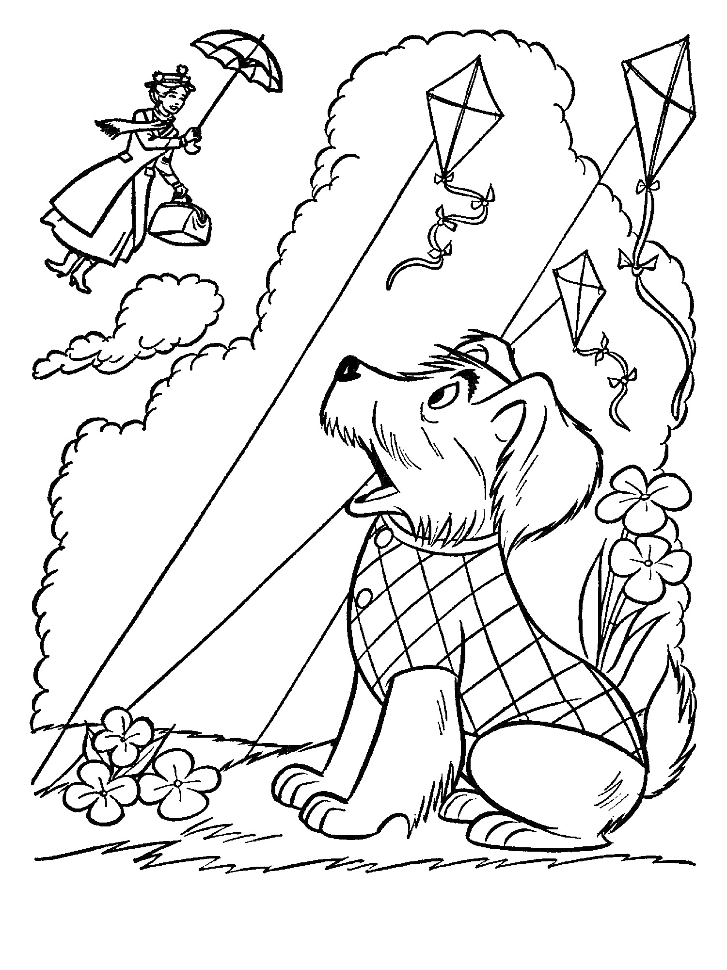 Раскраска Мэри Поппинс летит с зонтом над собакой в клетчатом свитере, которая сидит на траве среди цветов и смотрит на воздушных змеев.