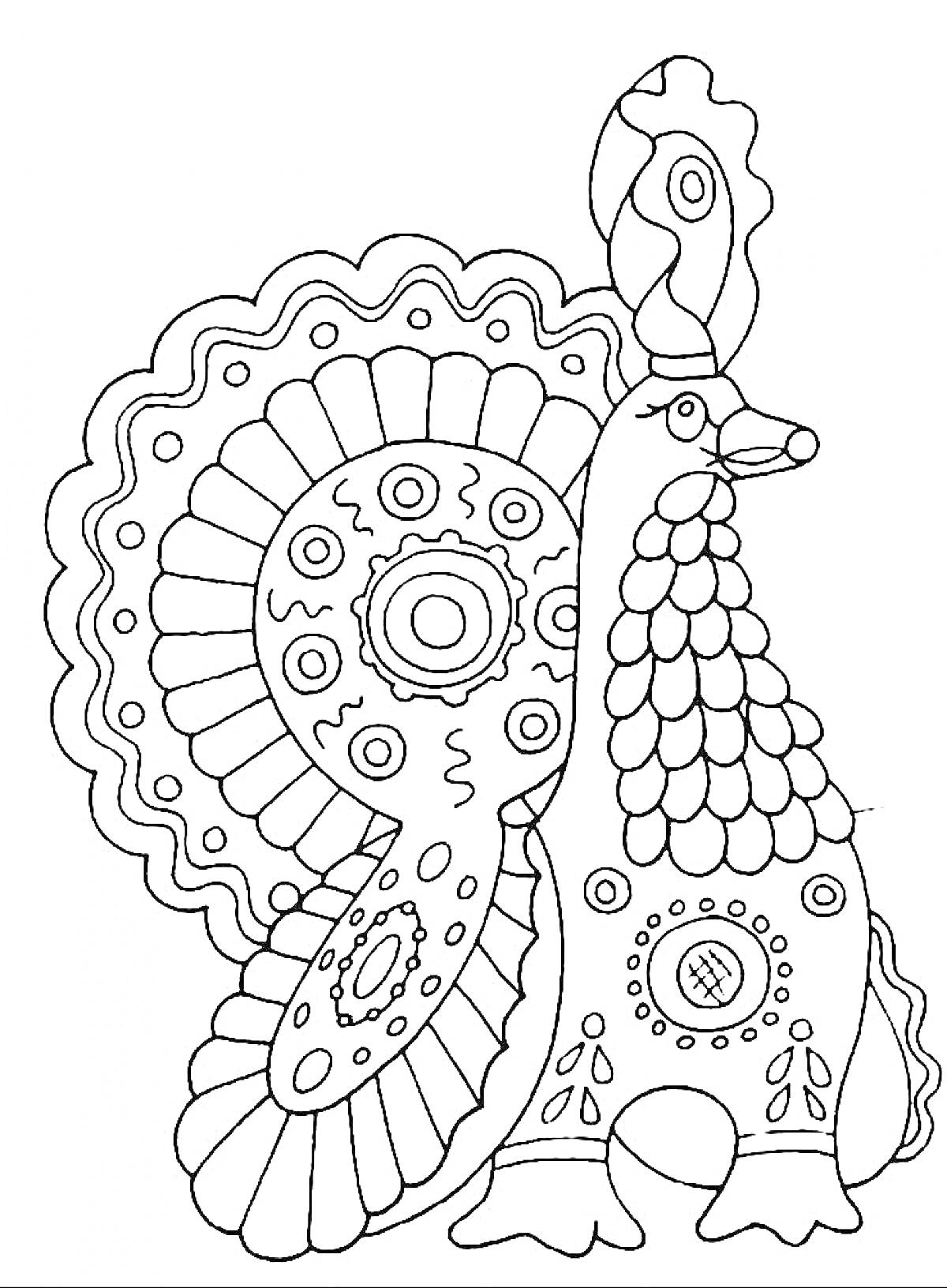 Раскраска Петух с узором на хвосте и туловище, с декоративными кругами и волнистыми линиями