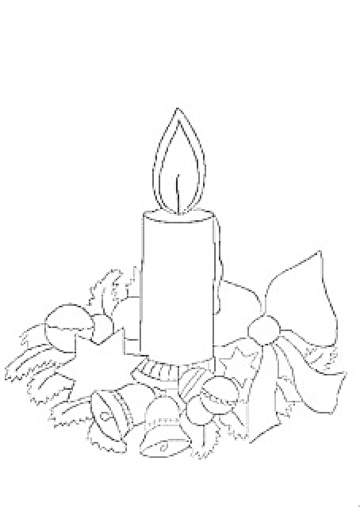 Раскраска Свеча с горящим пламенем, украшенная еловыми ветками, листьями падуба, звездами, колокольчиками и бантом