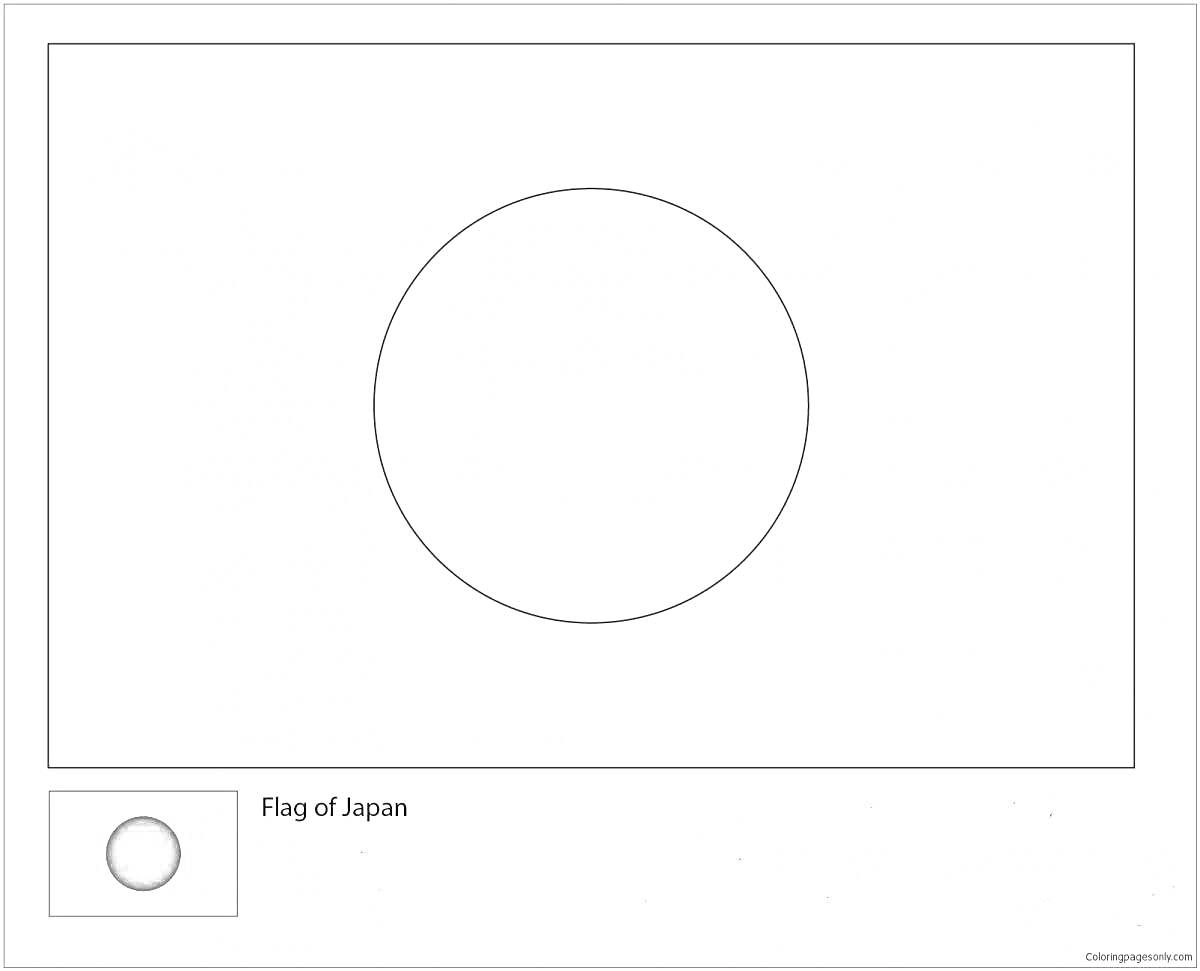 Раскраска флаг Японии с нанесённым контуром круга в центре и подписями