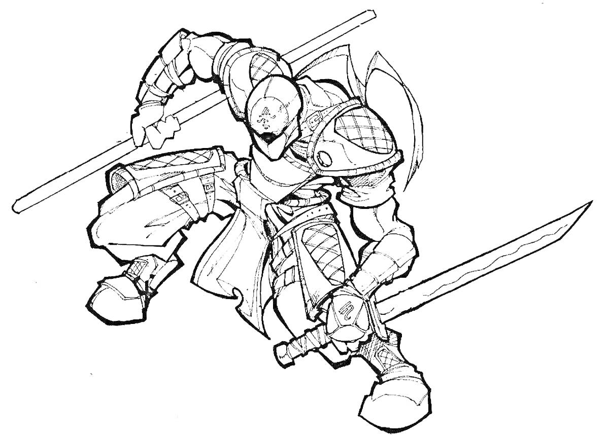Раскраска Ниндзя воин с двумя мечами и доспехами