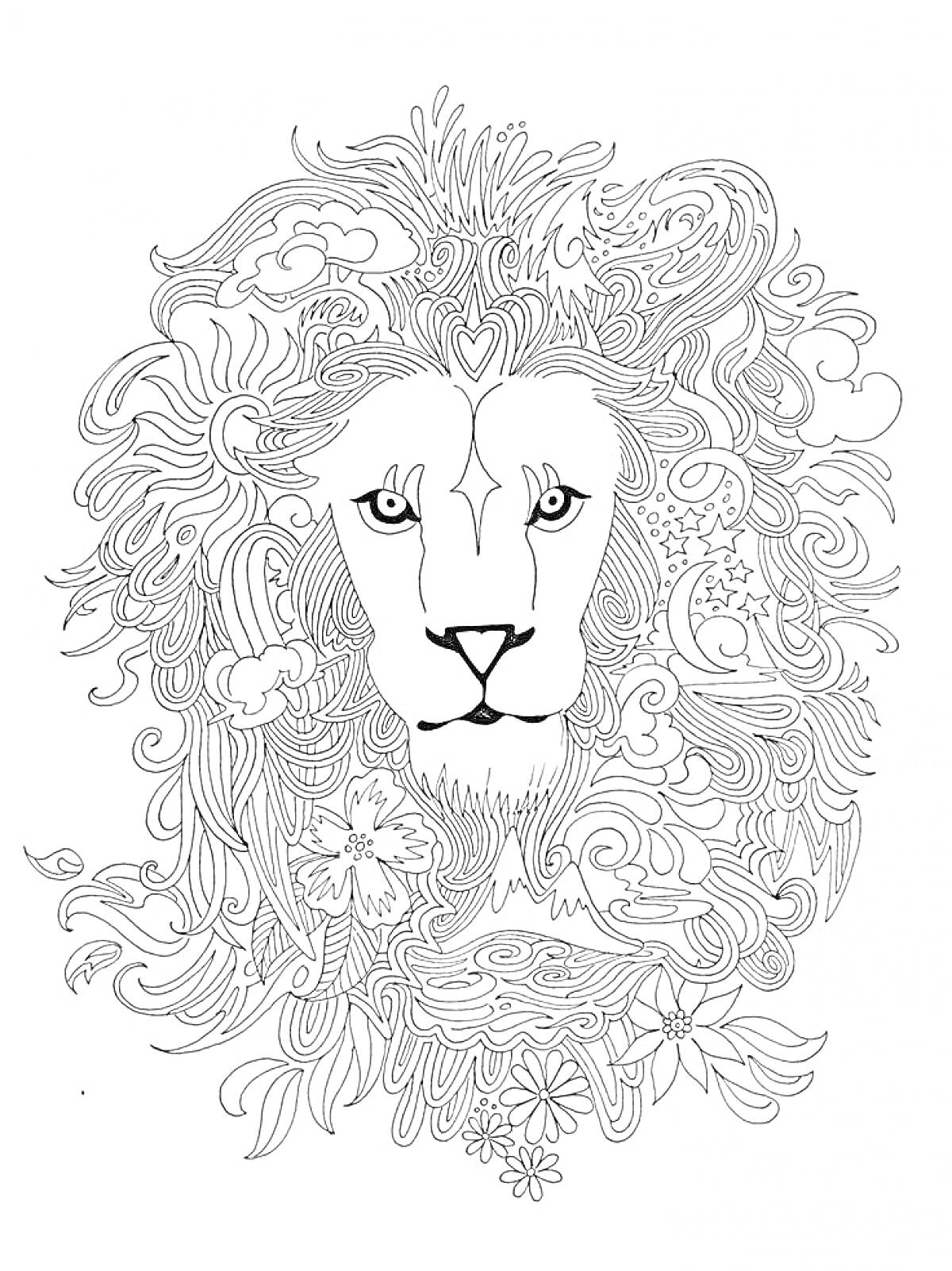 Раскраска Лев с декоративной гривой, состоящей из волн, цветков, облаков и узоров