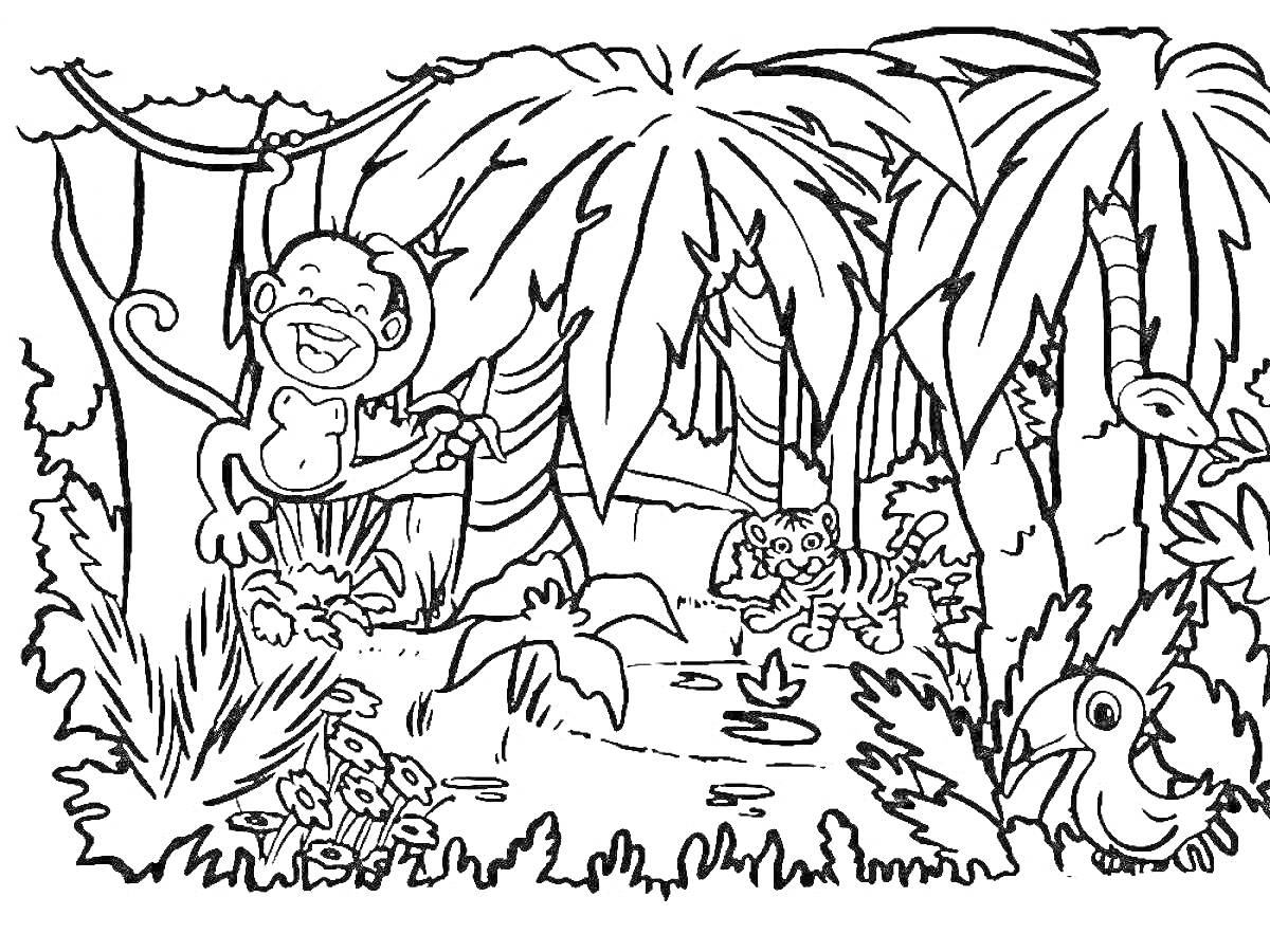 Раскраска Джунгли с обезьяной на лиане, тигрятами у воды, птицей на ветке и лягушками на траве