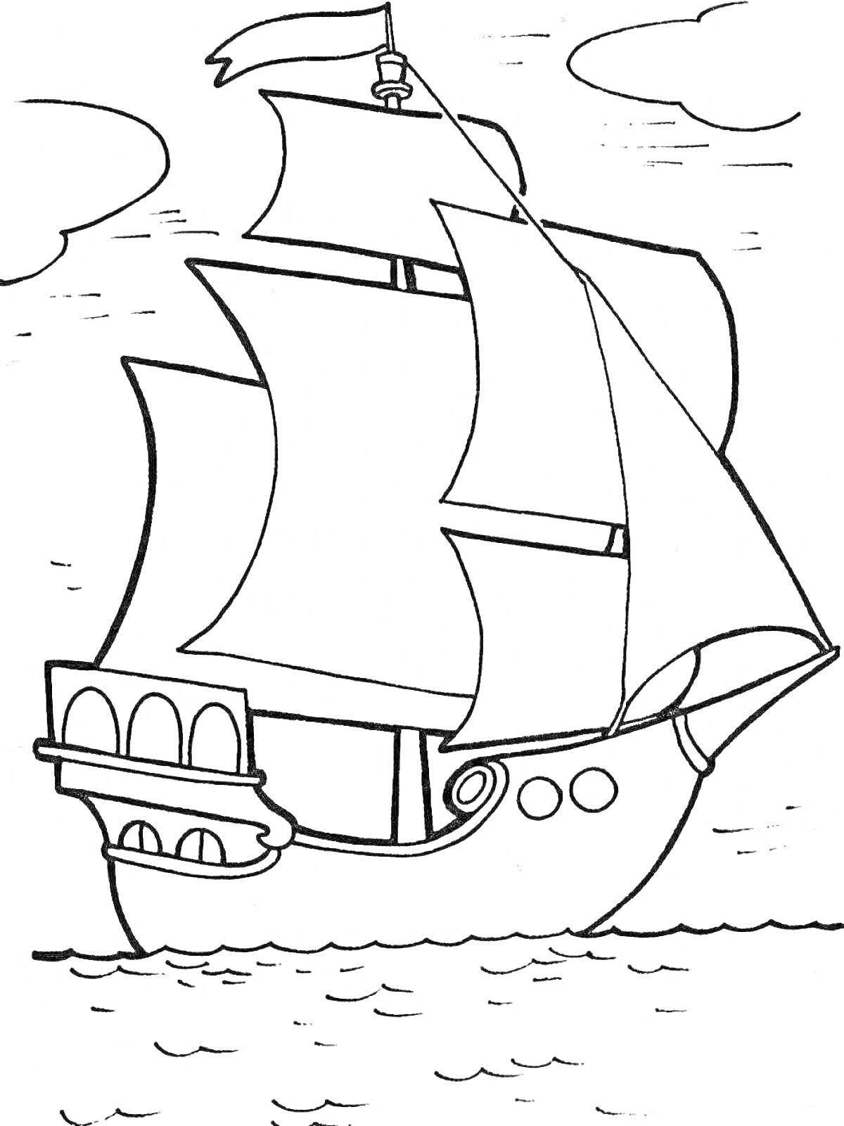 Раскраска Корабль с парусами на морской волне, с облаками на фоне
