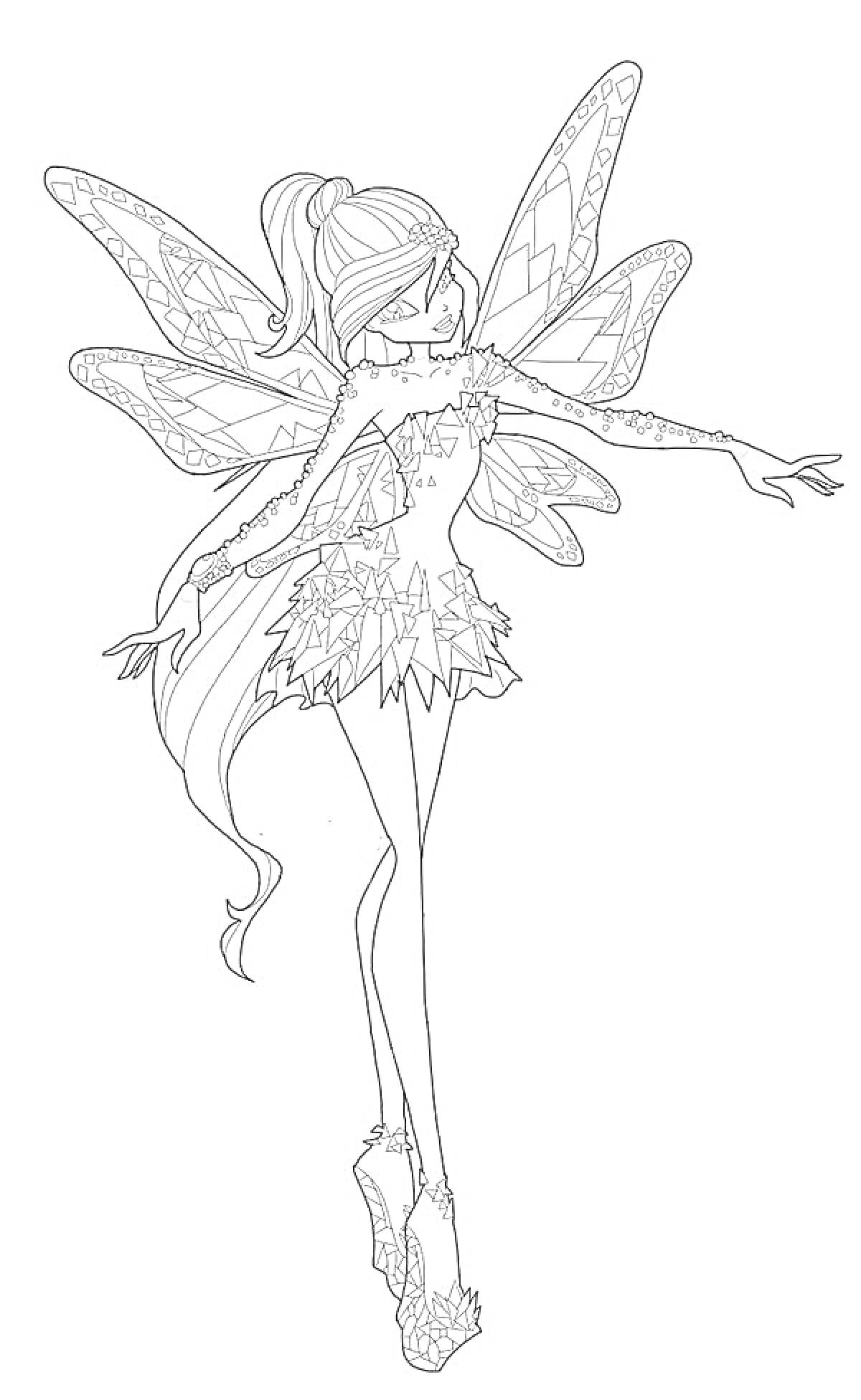 Раскраска Фея из Винкс в Тиникс, длинные волосы, крылья с узорами, короткое платье, туфли на высоких каблуках с кристаллами