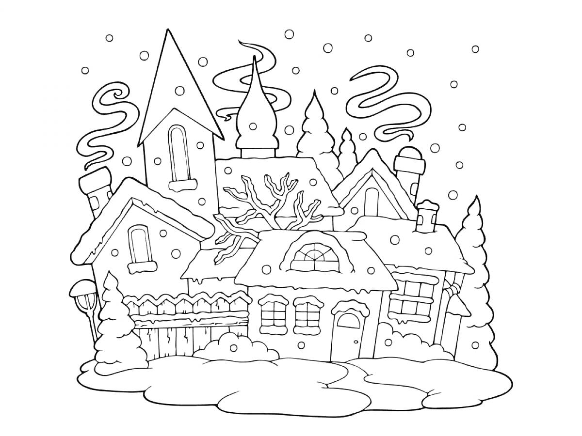 Раскраска Зимний пейзаж с домами, деревьями, падающим снегом и трубами на крышах