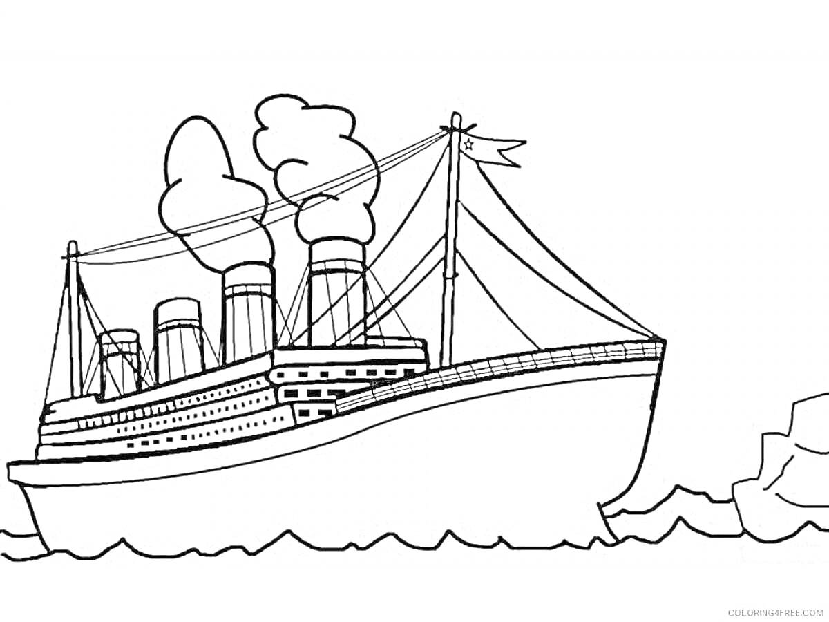 На раскраске изображено: Титаник, Корабль, Пароход, Айсберг, Море, Судно, Катастрофа