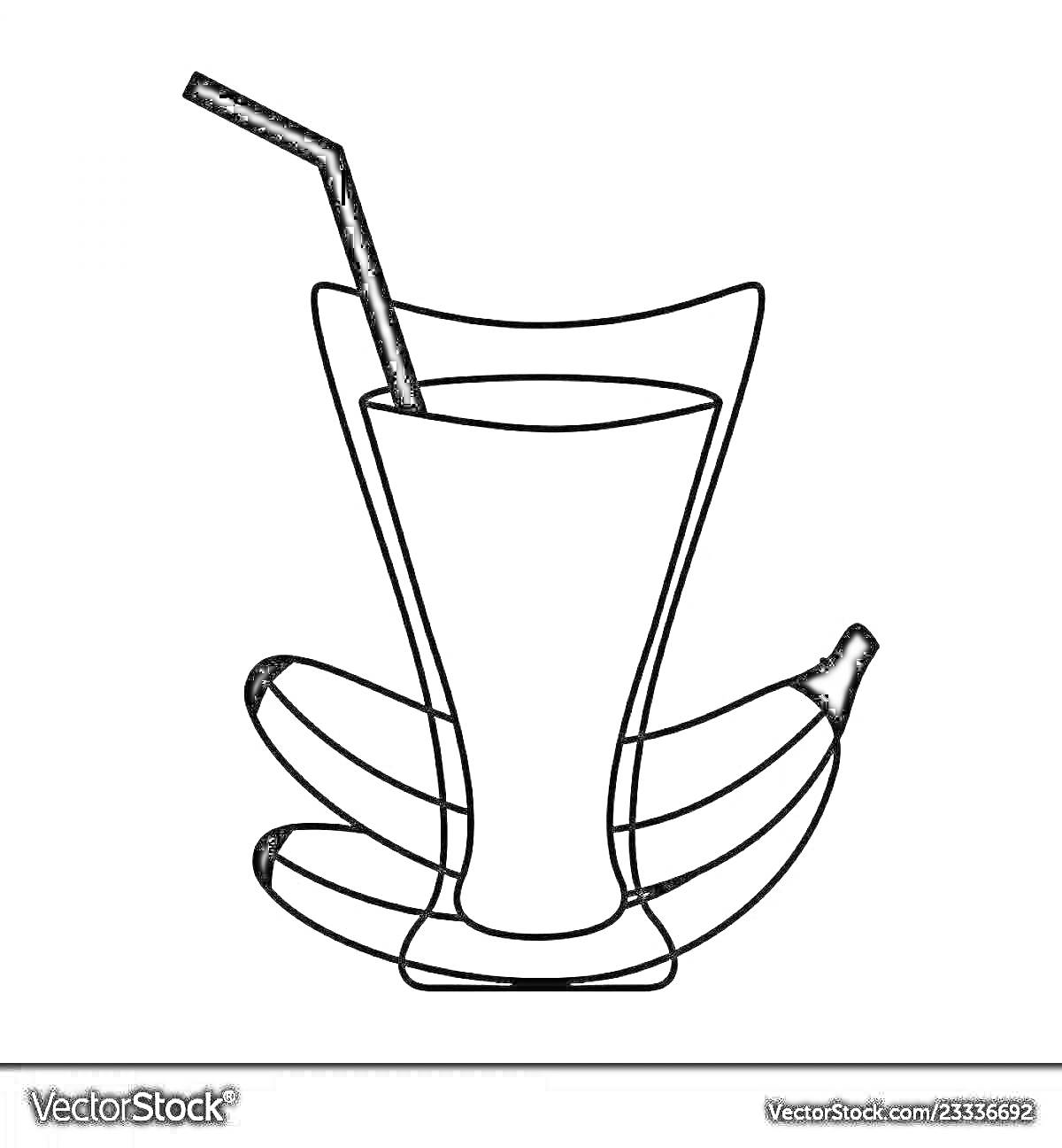 Раскраска Стакан сока с соломинкой и бананами